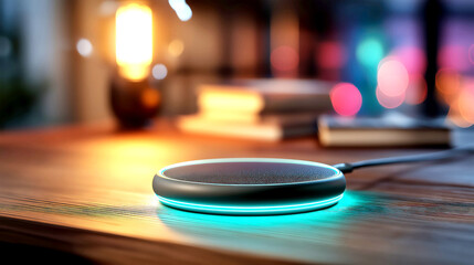 Fototapeta premium Glowing Smart Speaker on Wooden Desk with Neon Bokeh Background