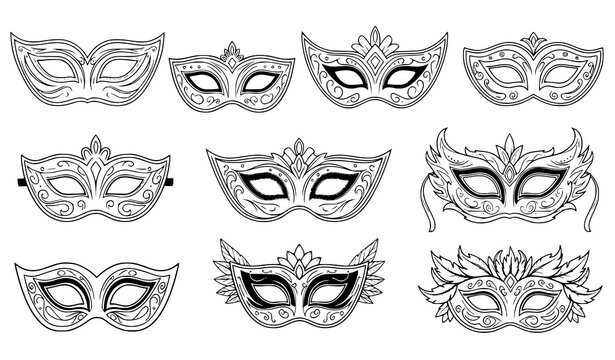 Masquerade mask set decorative party and carnival masks vector line illustration