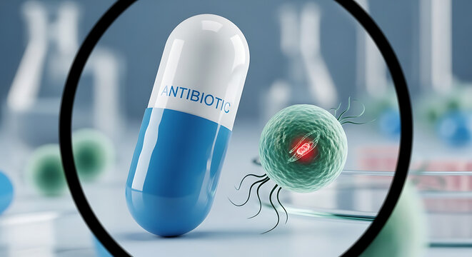 Macro view of pharmaceutical capsule with microscopic bacterial pathogens illustrating microbial antibiotic resistance and medical healthcare challenges in pharmacology and clinical science.