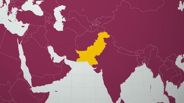 Pakistan map. Animated zoom into the country on the Globe in Pale Mint Dark Pink color palette. Country logo animation with round text and airplanes. Map with meridians, parallels. Stylish video.