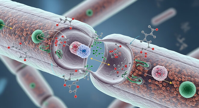 Microscopic visualization of a medicinal antibiotic molecule binding to a pathogenic bacterial organism showing pharmaceutical drug absorption and cellular distribution mechanism.