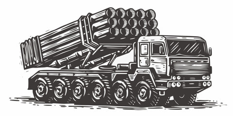 Detailed sketch of a large dump truck carrying a full load of logs © Juran