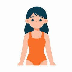 Fototapeta premium Happy young East Asian girl smiling while playing in the water during summer, wearing a bright orange swimsuit, outdoor poolside fun, joyful mood, minimalist flat vector illustration