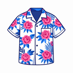 Single short-sleeved Hawaiian aloha shirt with vibrant pink and blue floral rose pattern, flat vector illustration © Gayan