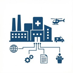 Obraz premium Comprehensive digital network illustrating interconnected healthcare, manufacturing, and policy management for global reach