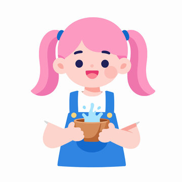 Happy young East Asian girl child with pink pigtails wearing a blue dress carrying a bowl of splashing water, cheerful flat vector illustration of a kid playing indoors, minimalist character concept.