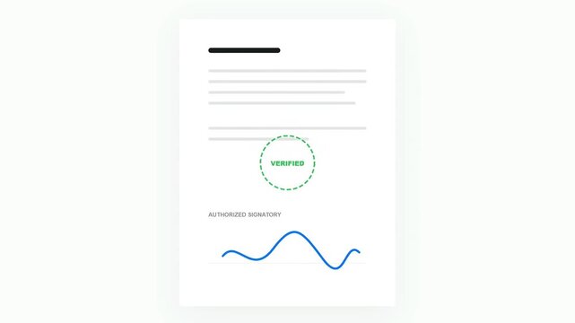 Animated document with green verified stamp and blue data graph, illustrating secure online transactions