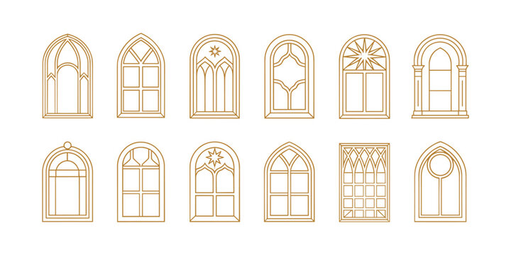 Gothic church stained glass window windows arched  in white background.