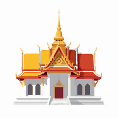 Obraz premium Traditional Southeast Asian Thai temple building with ornate gold and red tiered roofs, minimalist flat vector illustration representing culture and tourism, isolated on white background