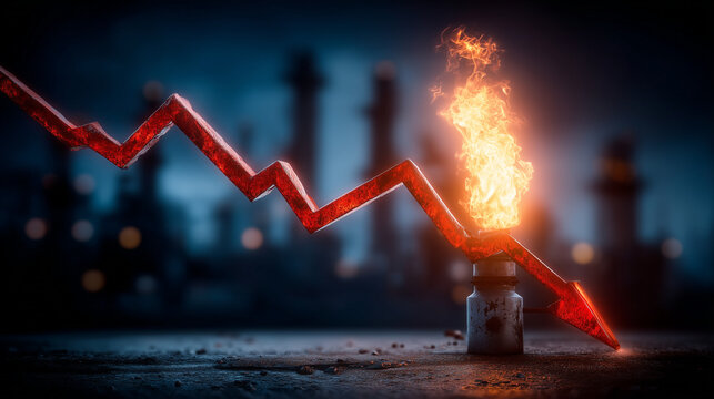 Burning Economic Trend: A dramatic representation of economic downturn, visualized by a downward-pointing arrow engulfed in flames, symbolizing crisis in industry. 