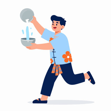 A joyful Southeast Asian man in a traditional Thai floral shirt and red checkered sash throwing water from a silver bowl during the Songkran festival celebration, flat vector art style.