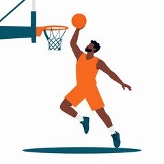Athletic Black Male Basketball Player Performing Slam Dunk in Mid-Air, Flat Vector Illustration of Young African American Sportsman, High-Energy Fitness Concept Isolated on White Background © Gayan