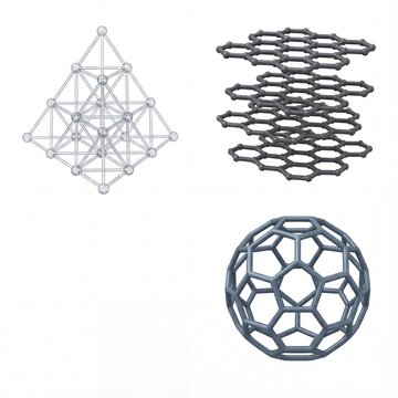 Scientific visualization advanced molecular structures and intricate crystalline lattices, exploring carbon allotropes for future material science concepts