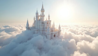 Obraz premium White castle rests on clouds. Sunlight shines on fantasy fortress above sky. Dreamlike architecture, majestic towers float in air. Whimsical building, ethereal structure, serene peaceful wonderland.