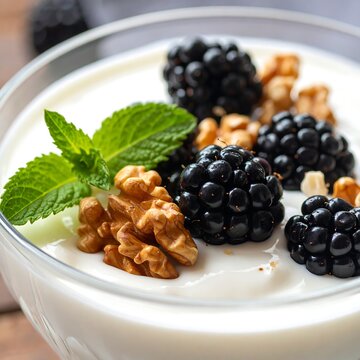 A close-up of yogurt with blackberries, walnuts, and mint