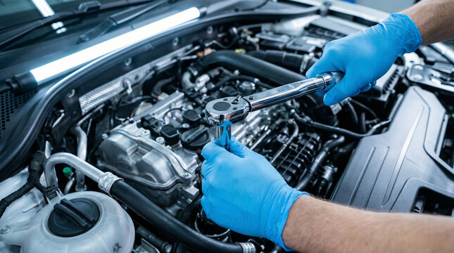 Close up of auto mechanic hands in blue gloves repairing car engine with torque wrench