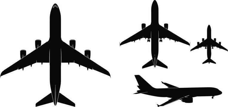 Airplane silhouette set in top and side views, commercial passenger aircraft black vector illustration isolated on white background, aviation transportation design collection