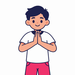 Fototapeta premium Smiling Southeast Asian boy in white t-shirt and pink shorts performing a traditional respectful greeting gesture with hands together, flat vector illustration isolated on white background