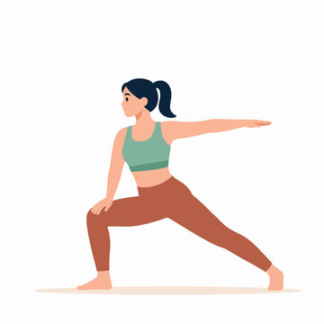 Minimalist Flat Vector Illustration of a Young Asian Woman Practicing Yoga in Earthy Terracotta and Sage Green Tones, Focused Fitness Concept Isolated on White Background