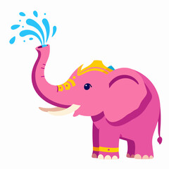 Fototapeta premium Flat vector illustration of a single decorated pink elephant head spraying water from its trunk, traditional Songkran festival celebration, Southeast Asian Thai culture, isolated on white.