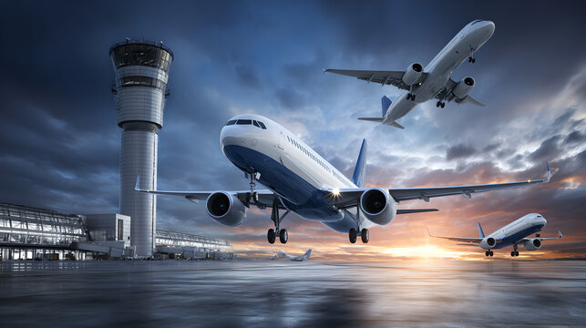 Modern Airport Terminal with Airplanes Taking Off and Control Tower at Sunset
