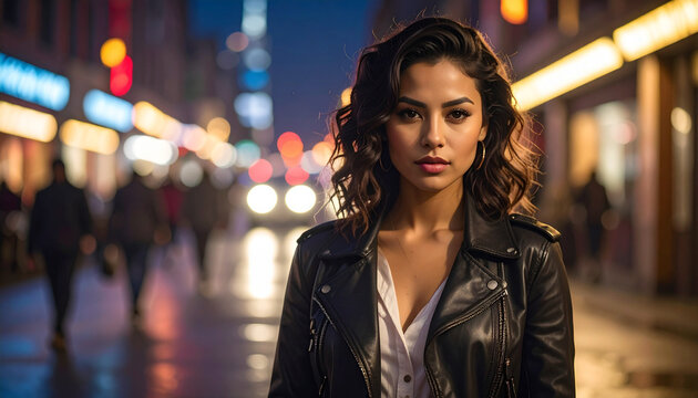 A young woman in a leather jacket stands on a city street at night.