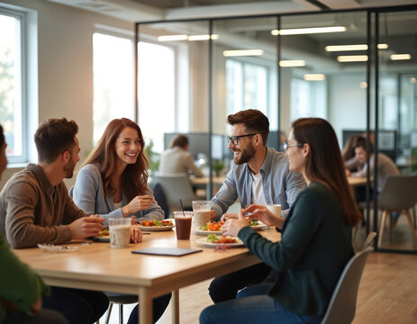 Diverse group enjoys lunch together in modern open office cafeteria. Colleagues chat and laugh, sharing food and drinks during break time, fostering team bonding and camaraderie. Modern workspace.