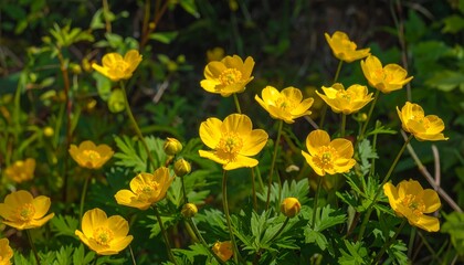 Fototapeta premium A cluster of vibrant yellow flowers with lush green foliage