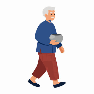 Senior Southeast Asian man in traditional clothing walking with an alms bowl, elderly Burmese male in blue shirt and checkered red sarong, spiritual concept, isolated on white background