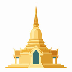 Obraz premium Flat vector illustration of a single golden Southeast Asian stupa, traditional Thai temple architecture icon, minimalist Buddhist spire design isolated on white background, spiritual concept.