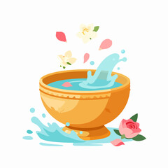 Naklejka premium Traditional Thai Songkran Festival Golden Water Bowl Splashing with Jasmine Petals, Southeast Asian Cultural Celebration, Flat Vector Illustration Isolated on White, Morning Sunlight Concept
