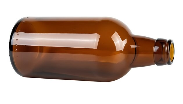 Empty brown glass bottle lying on its side with a white label and screw top on a plain white background for beverage or packaging design concepts