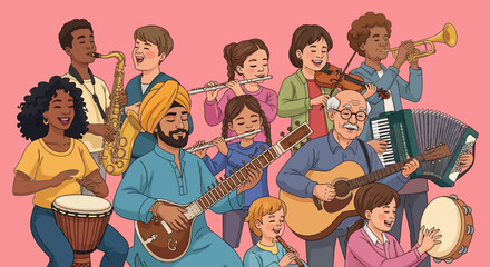 Diverse musicians playing various instruments together. © Azrha