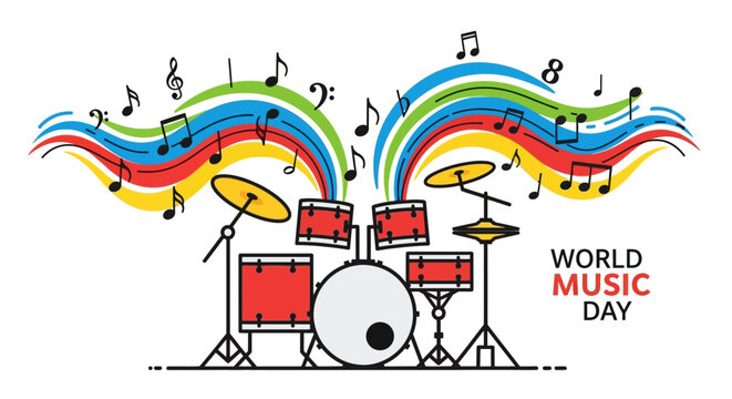 Drum kit with colorful musical notes.