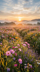 Obraz premium Wildflower meadow at sunrise with golden light and misty landscape