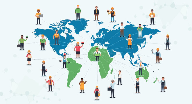 Illustration of diverse people standing on a colorful world map with blue oceans and green continents on a light background.