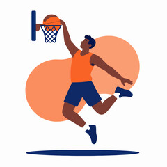 Dynamic Flat Vector Illustration of a Single Black Male Basketball Player Performing a Slam Dunk, Minimalist Athletic Concept in Vibrant Orange and Blue Colors, Isolated on White Background. © Gayan