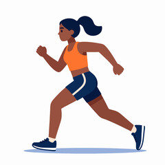 Fototapeta premium Flat vector illustration of a single Black woman runner in a dynamic sprinting pose, wearing orange athletic gear while exercising outdoors at a stadium, representing fitness and determination.