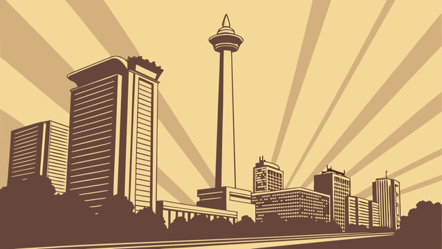 Sepia Tone Skyline View of Prominent Monumental Tower Surrounded by Modern Architecture and Cityscape Elements jakarta skyline vector