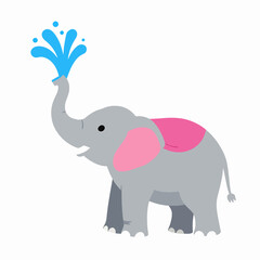 Fototapeta premium Joyful Southeast Asian elephant spraying water splash during Songkran Festival celebration, flat vector illustration of Thai New Year animal character isolated on white background