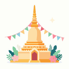 Obraz premium Flat vector illustration of a traditional Thai sand pagoda decorated with colorful flags and flowers for Songkran festival, Southeast Asian cultural symbol isolated on white background.