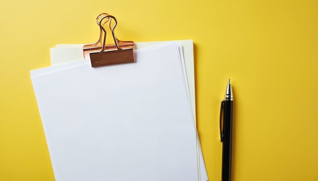 Black pen and stack of white papers held by rose gold clip. Clean top-down flat lay composition on bright yellow background. Ready for notes, planning, or creative work.