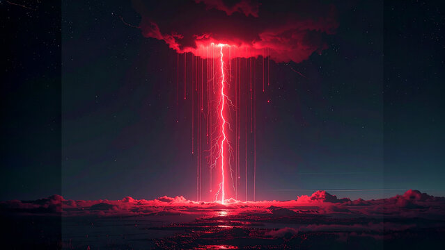 Red lightning filaments and electric discharge on black background. Atmosphere phenomenon. Sprite lightning for energy, weather, science fiction, and high-tech power commercial production.