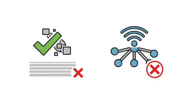 Network connection icons with check and cross marks against gray background