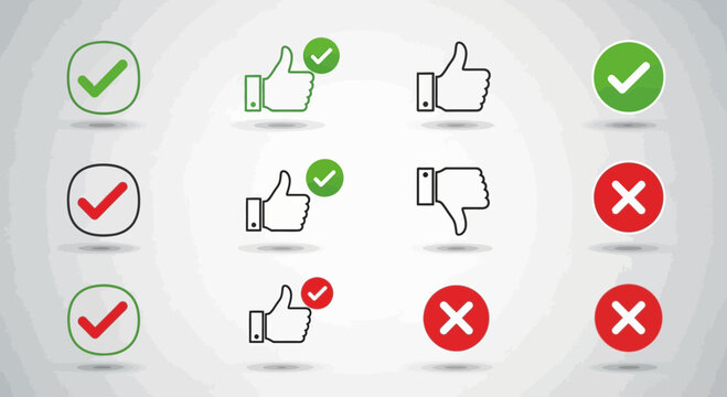 Set of approval and rejection symbols on a light background