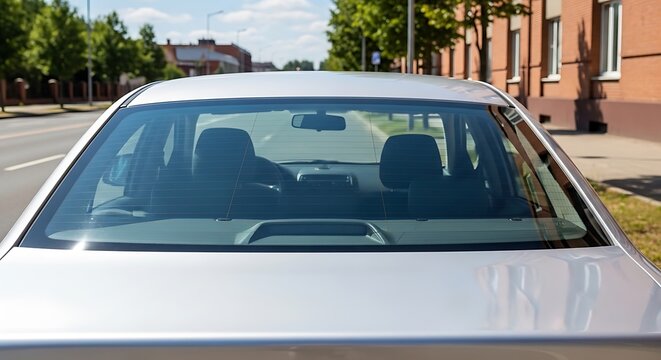 Silver car rear window view with street and building background.