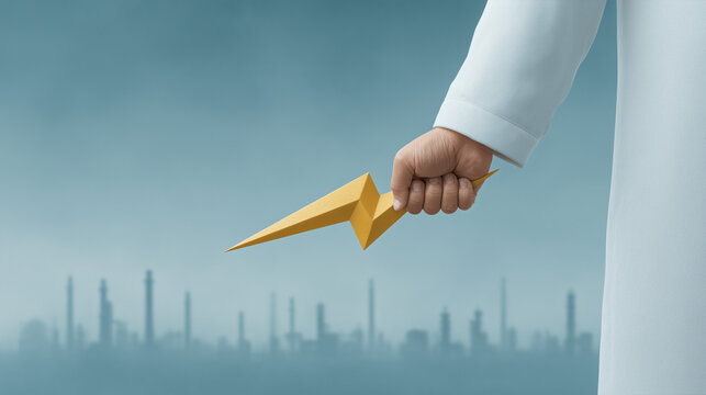 Holding Golden Symbol: A person in a white garment firmly grasps a golden symbol against the backdrop of a cityscape, representing the power and authority.