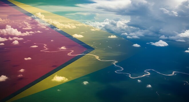 Aerial view of a winding river landscape overlaid with the vibrant colors of the guyana national flag