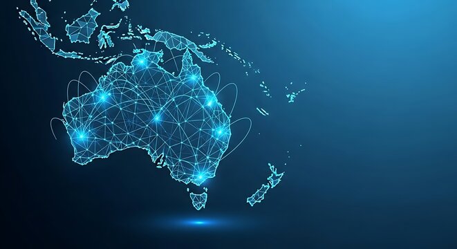 Futuristic low poly wireframe technology illustration of australia with neon blue digital mesh and network connection background