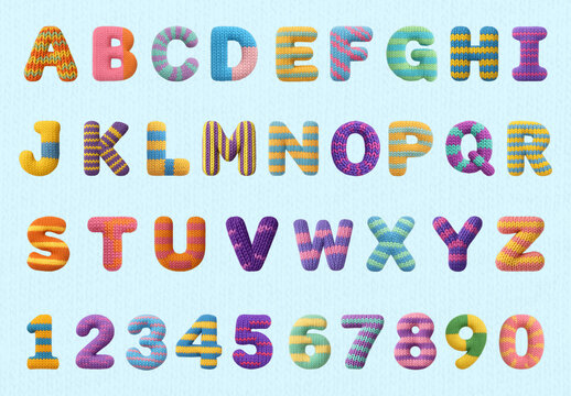Colorful Knitted Alphabet Numbers Font Set